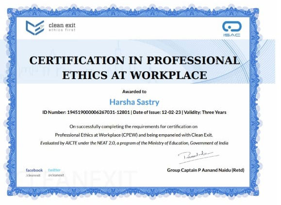 Certification in Professional Ethics At Workplace